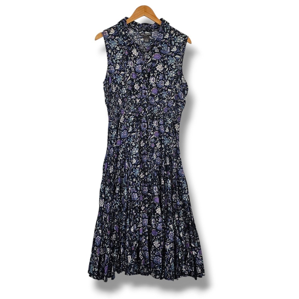 Chelsea & Theodore Midi Dress L Womens Blue Floral Tiered Smocked Boho Cottage